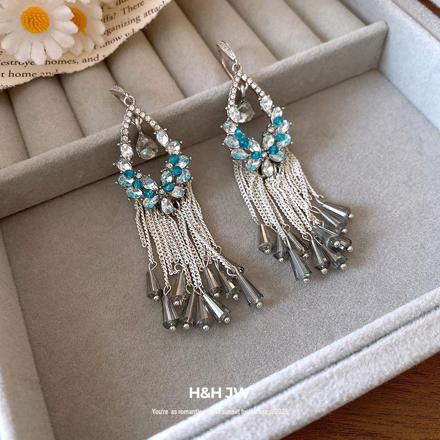Diamond glass flower fringed ear hook retro ethnic style earrings versatile fashion Guochao earrings design sense niche