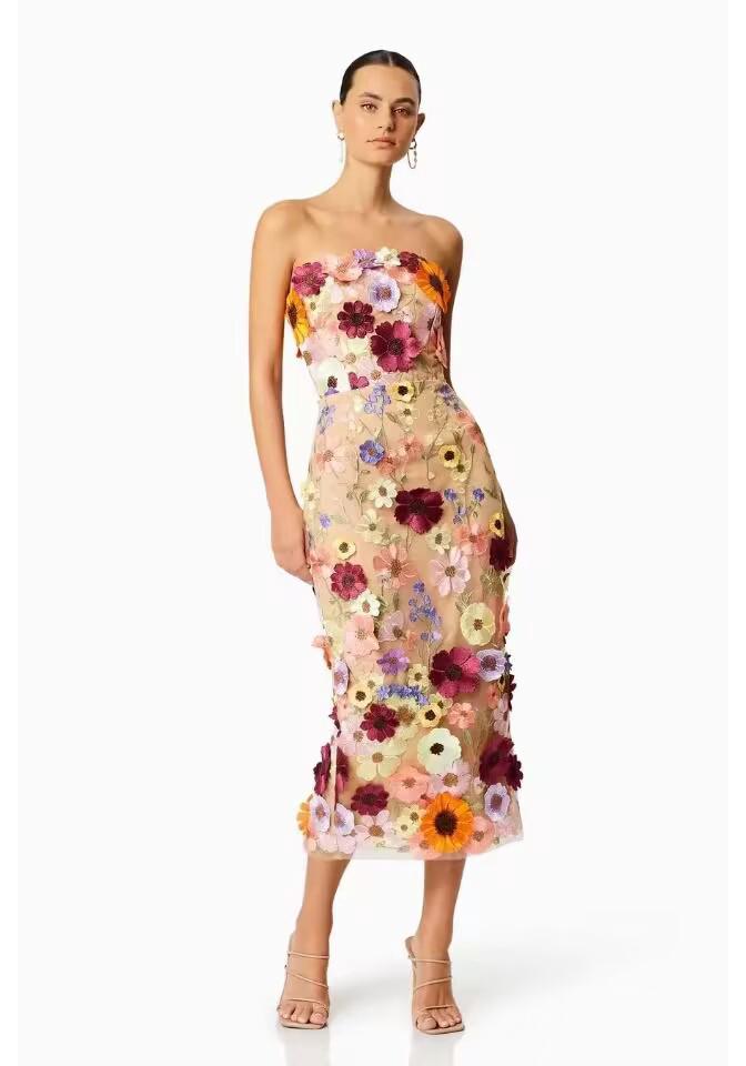 2025 Europäisches und amerikanisches sexy ärmelloses Midikleid mit bunter 3D-Blumenstickerei