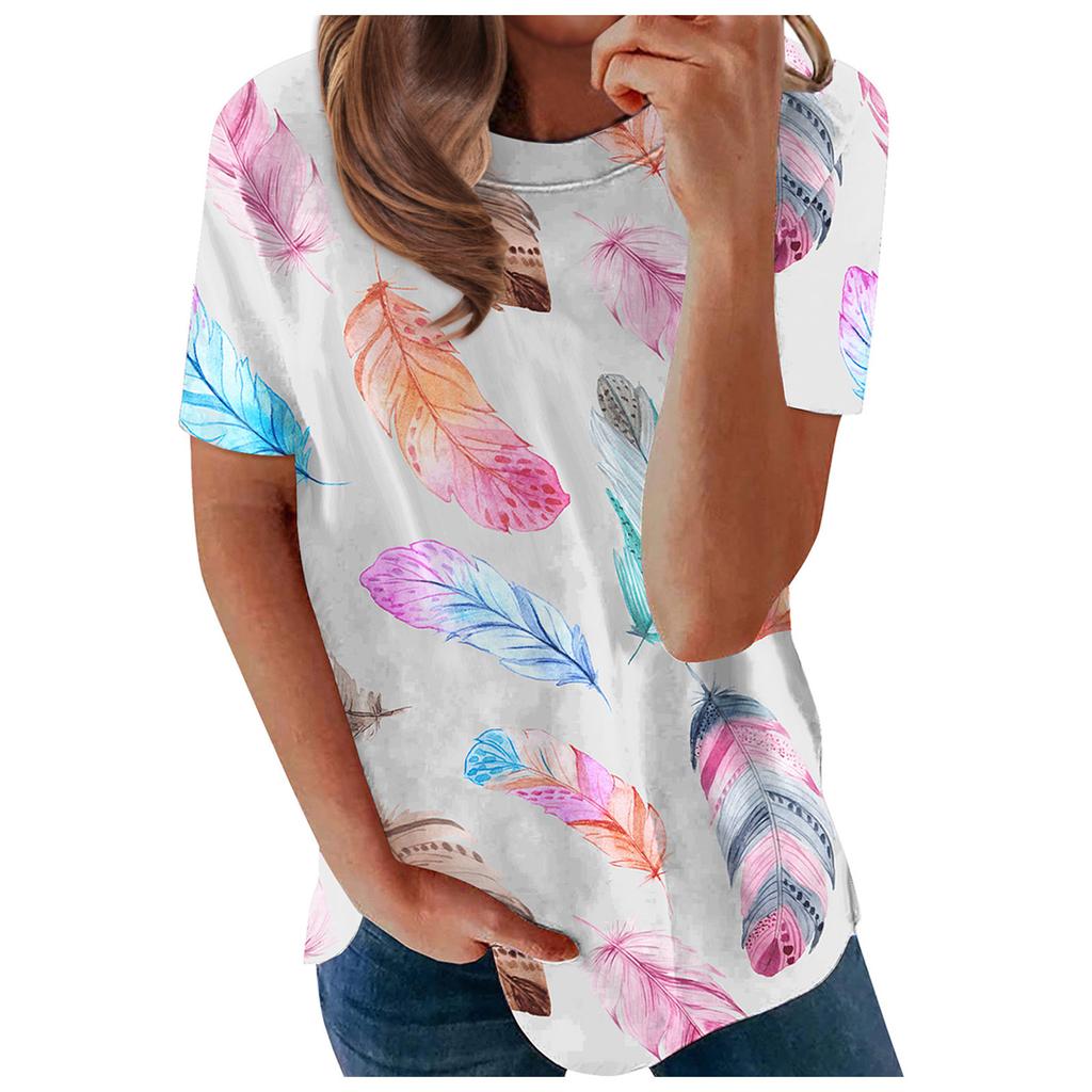 Women's Fashion Casual Loose Round Neck Feather Print Short Sleeve T-Shirt Top
