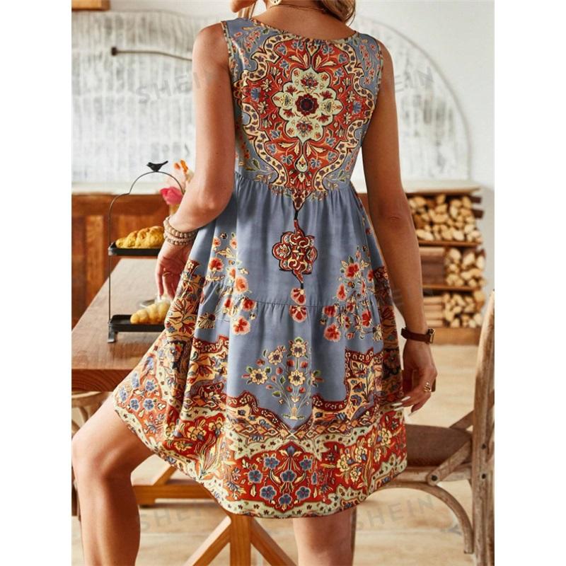 Printed Sleeveless V-neck Vest Skirt Fashion Vacation Printed Dress Women