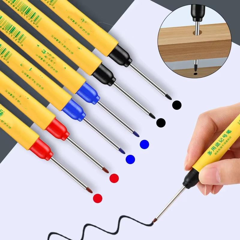 6pcs/Set 33mm Long Head Marking Pens Set - Red/Blue/Black Waterproof Woodworking Decoration Deep Hole Multipurpose Marking Tool