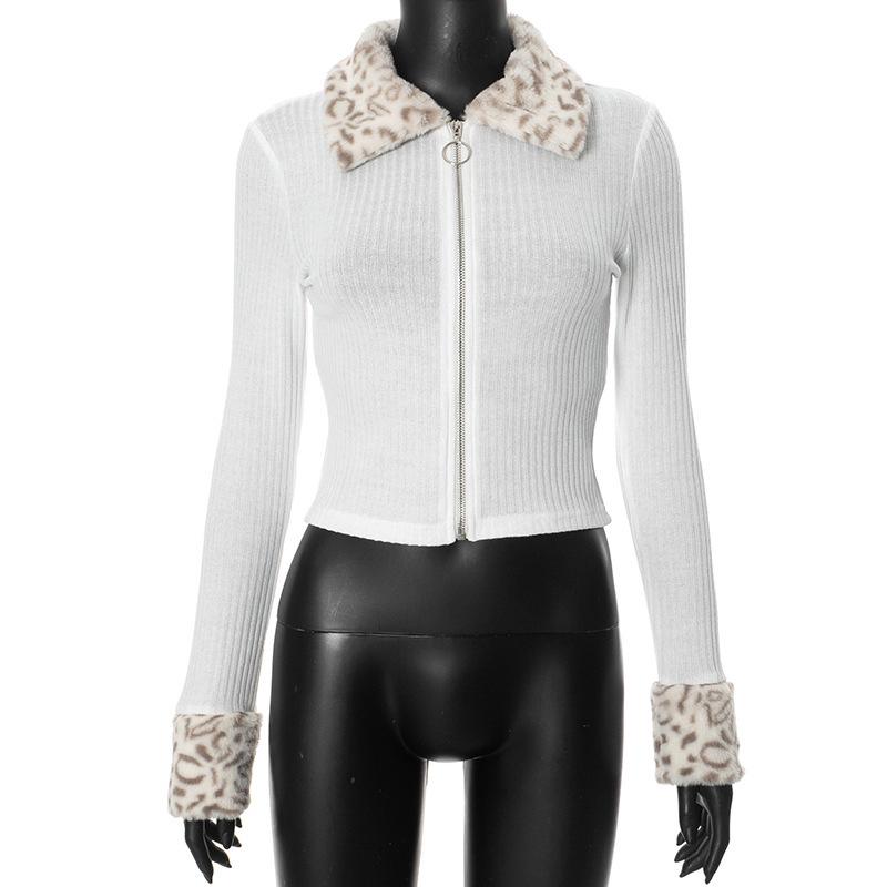 

Sawadika Leopard Print Fur Collar Stripe Zipper Patchwork Long-Sleeve Top M