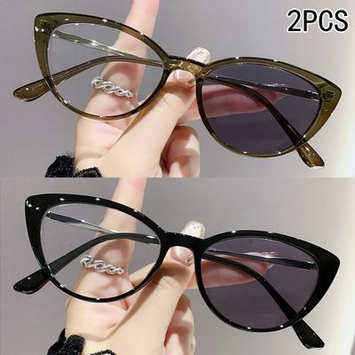 1PCS Light-sensitive Color-changing Cat Eye Glasses Retro Trendy Non-face Slimming Flat Light Myopia Eyewear 6105