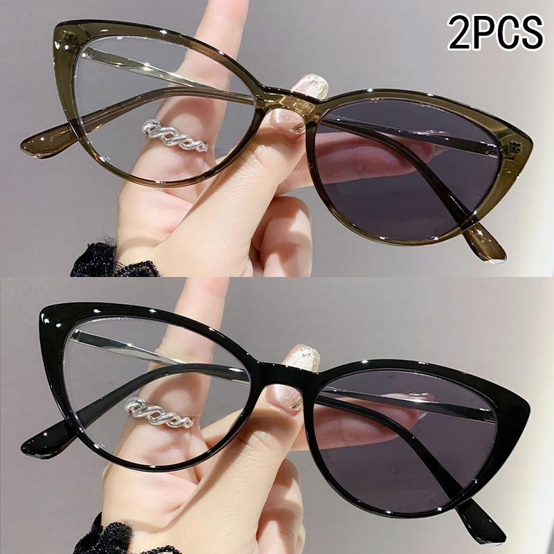 2PCS Light-sensitive color-changing cat eye style retro trendy non-face slimming flat light glasses high-end myopia glasses