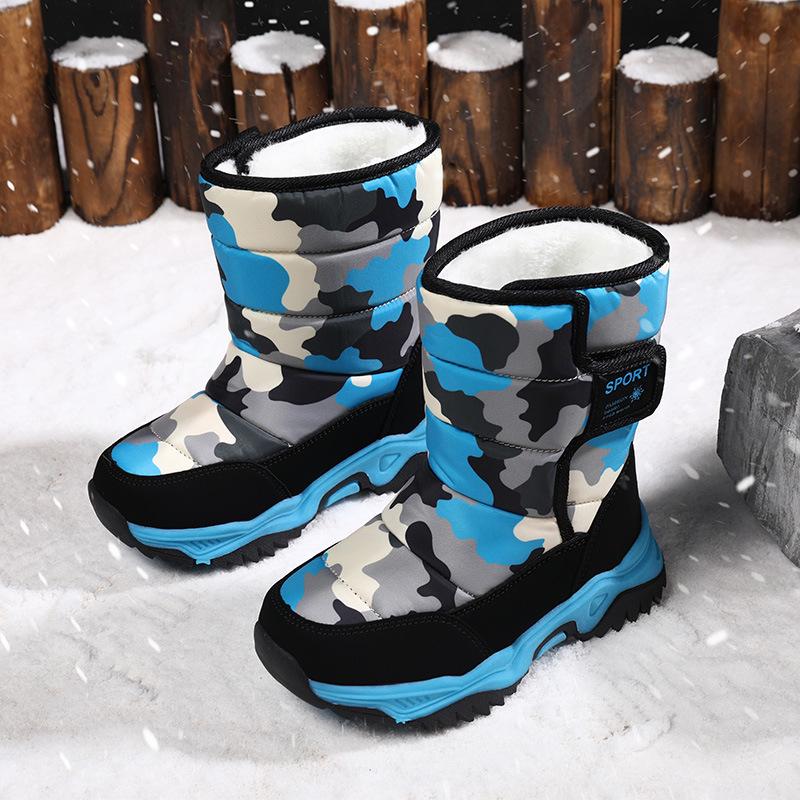Children's 2024 Winter High-Top Camouflage Snow Boots - Warm Velvet-Lined in Black & Blue