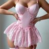 3 Piece Pink Sexy Dresses Women Lace Lingerie Mesh Pure Desire Sling Strap Shapewear Bandage Waist Shaping Dress+Thong+Socks Set