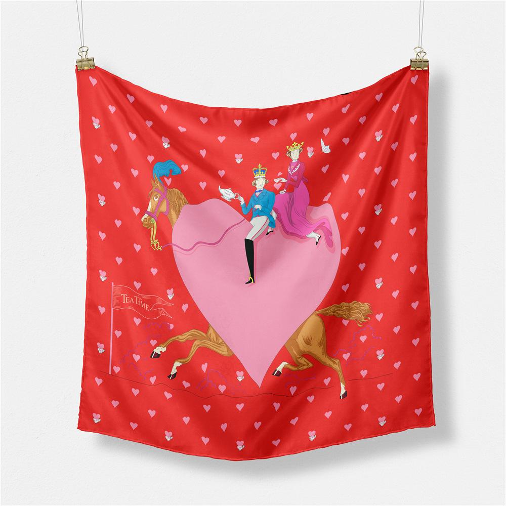 

53cm Lover Tea Time Print Square Scarf Women 2024 Design Luxury Brand Silk Scarf Bandana Headband Fashion Hijab Neckerchief