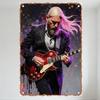Watercolor Style Man with Blonde Hair & Gray Beard Playing Red Electric Guitar Metal Tin Sign - Vintage Concert Decor for Bar Cl