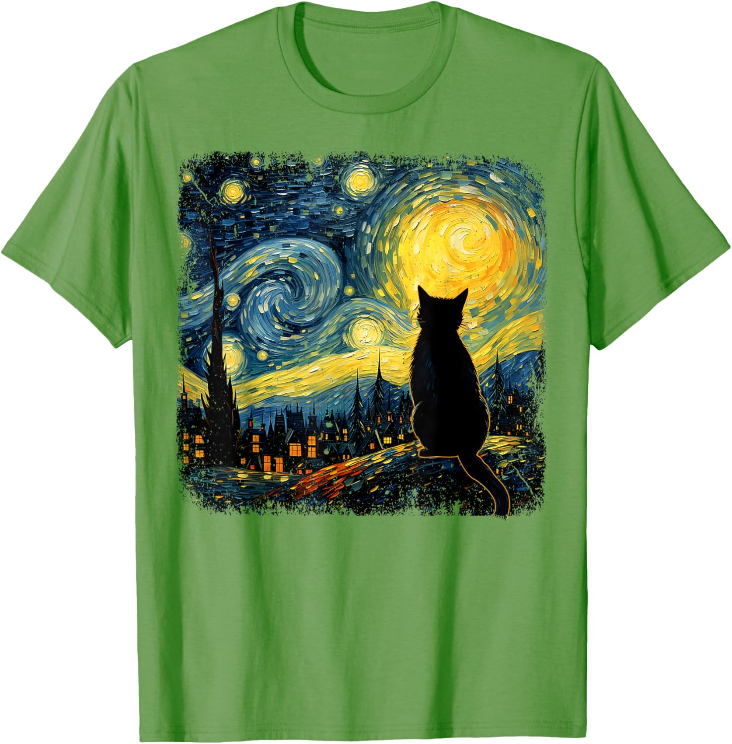 Black Cat Starry Night Van Gogh Style Graphic TShirt Breathable Cotton Top for Cat Lovers S