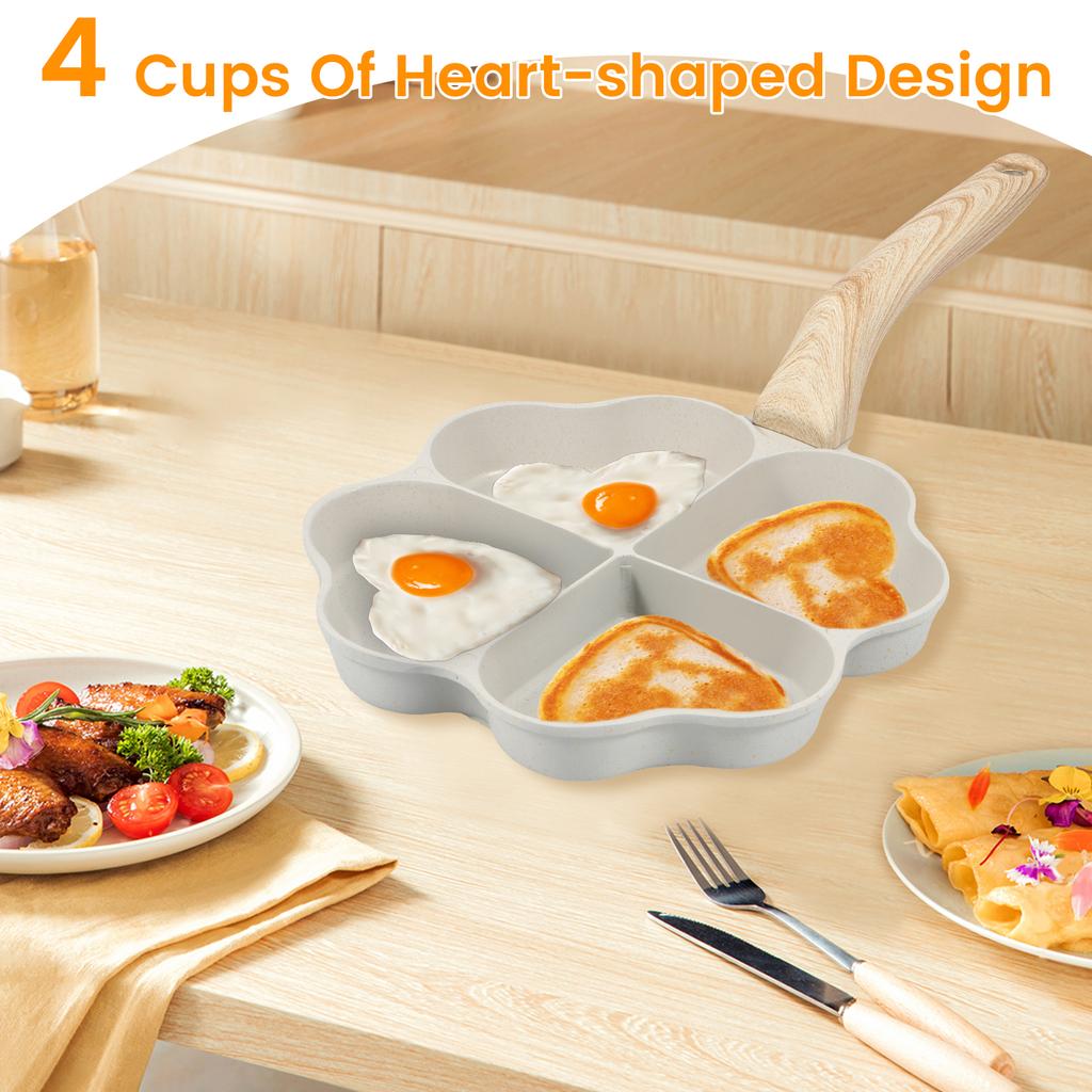 Sartén para Freír Huevos de 4 Tazas con Forma de Corazón Sartén para Tortillas Antiadherente con Mango de Madera Aleación de Aluminio Sartén Cocedor de Huevos Sin Esfuerzo