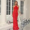 Elegant Red Halter Neck Evening Dress with Embroidered Detail