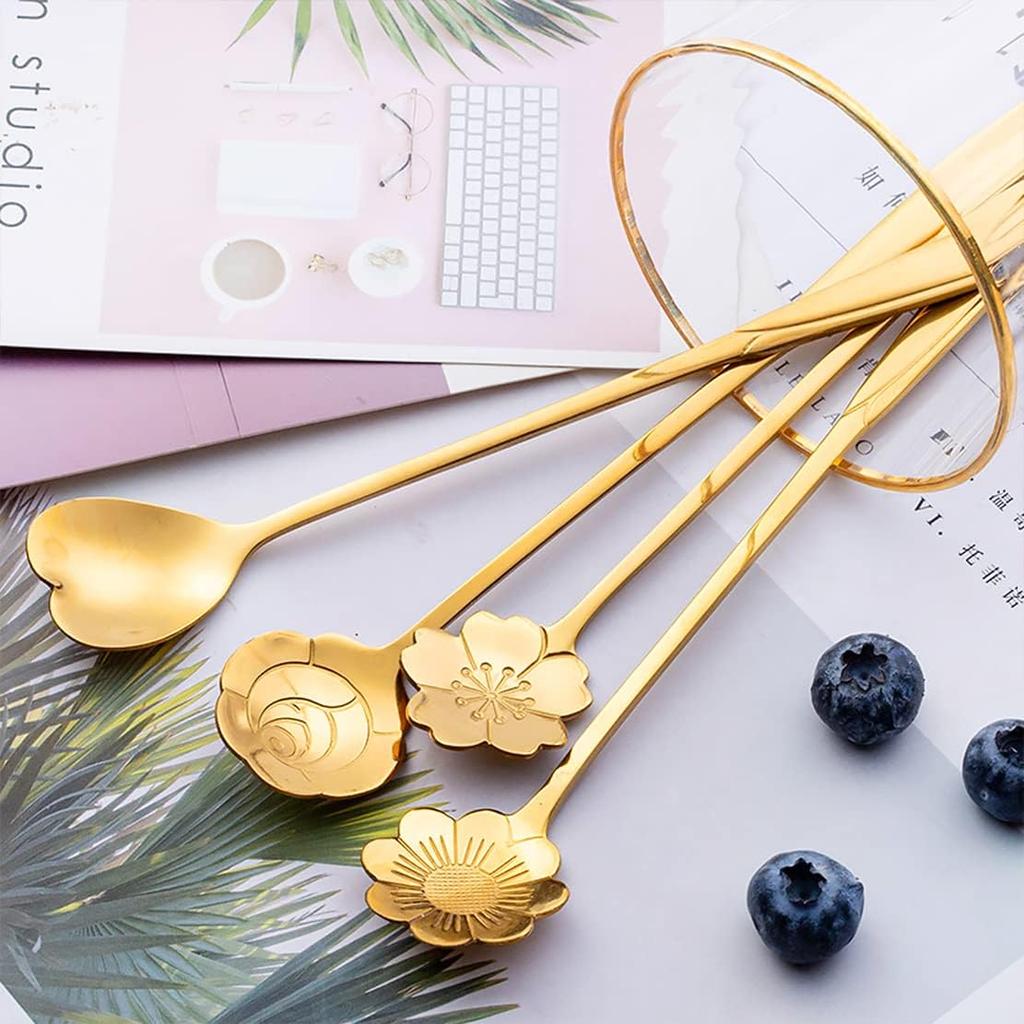 7-Inch 4 Pcs Flower Spoon Coffee Teaspoon Set, Drink Stirring Spoon for Dessert, Coffee, Ice Cream, Tea (Gold)