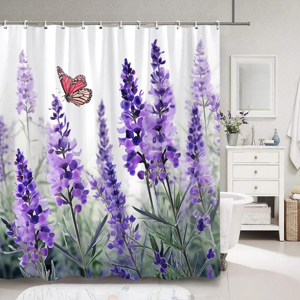 Purple Lavender Shower Curtain Fluttering Butterfly Botanical Flower Watercolour Art Painting Shower Curtain Bathroom Decoration