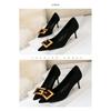 Women Fashion Metal Decoration Shallow Shoes Stiletto Heels Ladies Office Pointed Black Etiquette Single Shoes Dress Pumps Woman
