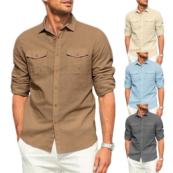 Men Solid Color Casual Shirt Lapel Long Sleeve Flap Pockets Single Breasted Shirt Loose Fit Tops Workwear
