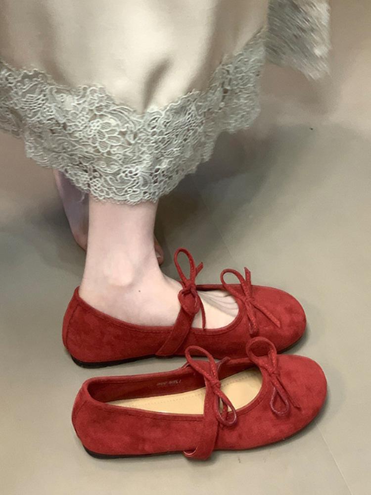 Ballet word with bow single shoes women's spring and autumn soft-soled flat-soled grandma beanie ladyshoes