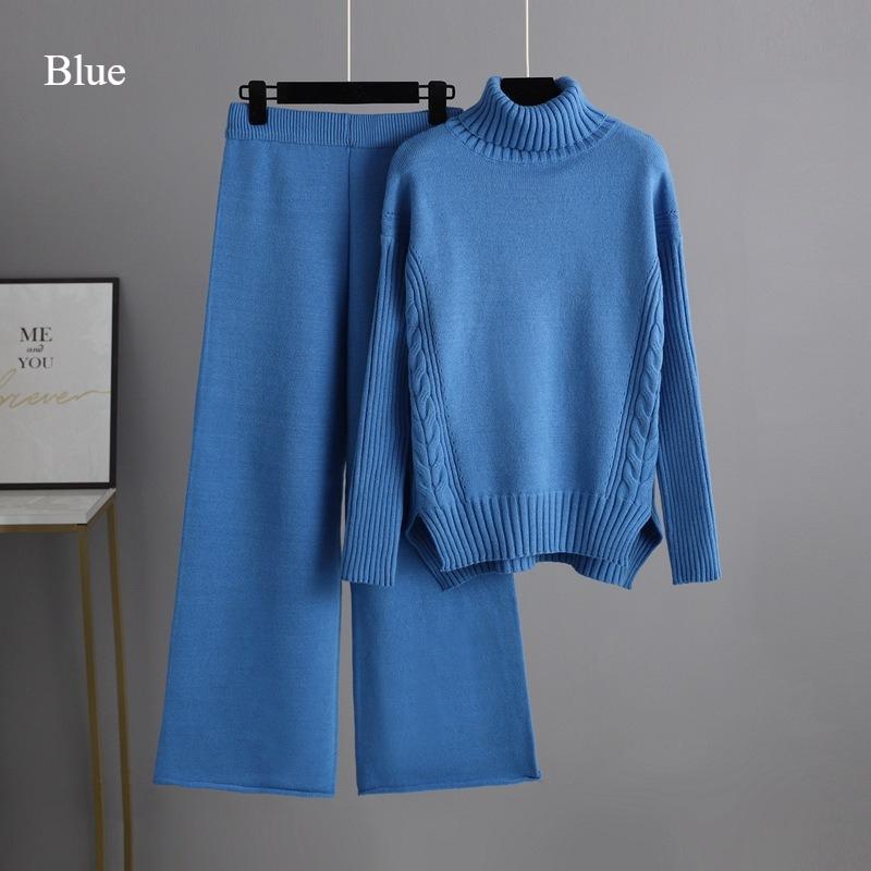 Autumn and Winter New Sweater 2piece Set for Women Lazy Style Loose High-neck Suit for Women Fashionable Casual Wide-leg Pants