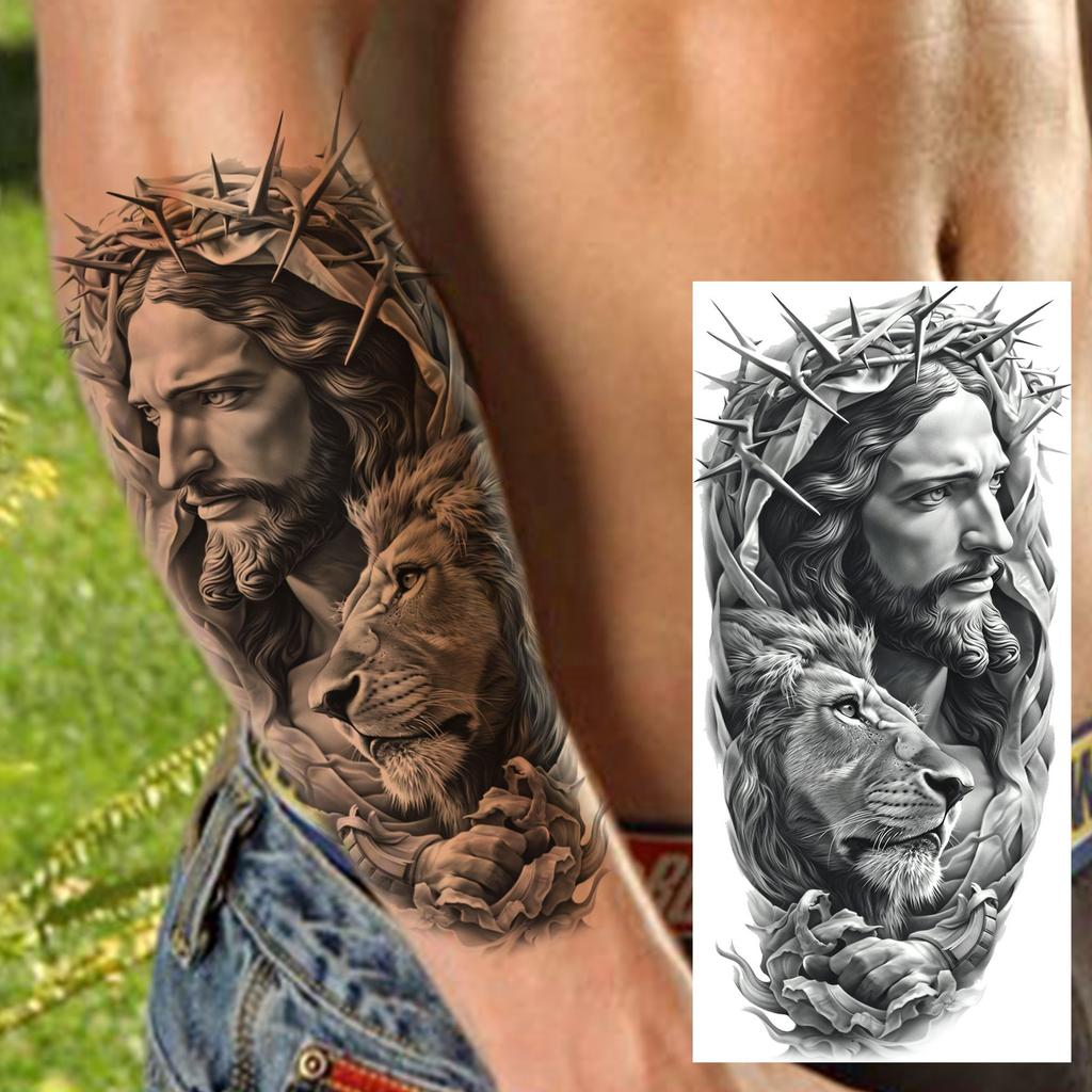 1 Sheet Jesus Pray With Cross Thorn Temporary Tattoos For Men Women Adults, Long Lasting Waterproof 3d Temp Fake Tattoo Sticker