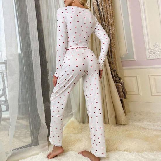 Yousheng Women Lace Trim Pajama Set Long Sleeve V-Neck Front Button Tops Full-Length Pants Sleepwear Nightwear