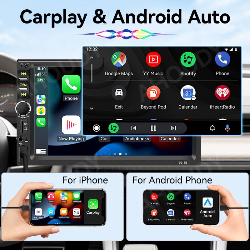 AHOUDY 7" 1 DIN CarPlay Android Auto Universal Auto Stereo Radio Touchscreen MirrorLink Reversing Camera BT