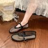 Round Toe One Buckle Strap Ballet Shoes Women's Summer New Flat Shoes Cutout Mary Jane Single Fishnet Shoes