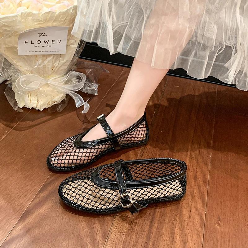 Round Toe One Buckle Strap Ballet Shoes Women's Summer New Flat Shoes Cutout Mary Jane Single Fishnet Shoes