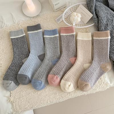 Wool Socks Children'S Color Matching Stacking Socks Season Velvet Thickened Warm Confinement Socks Contrasting Color Retro Medium Tube Socks Women