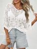 Women's Crochet Hollow Out Cover Up Top Off Shoulder Three Quarter Sleeve Mesh Beachwear