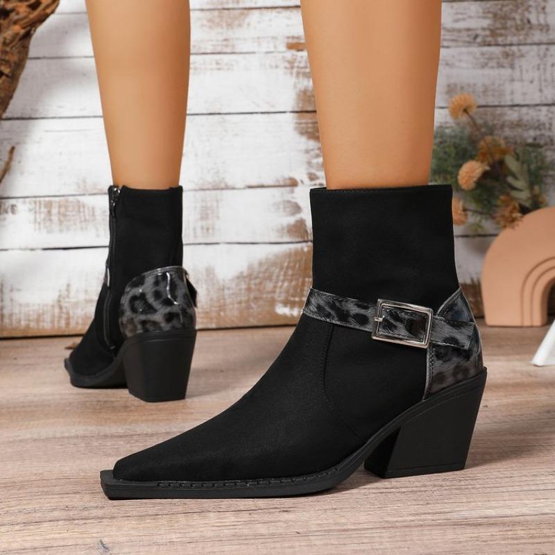 Fashion 2025 New Leopard Print Buckle Winter Large Size Short Boots For Women Thick Heel Ankle Boots Side Zip Fashion Boots Shoes