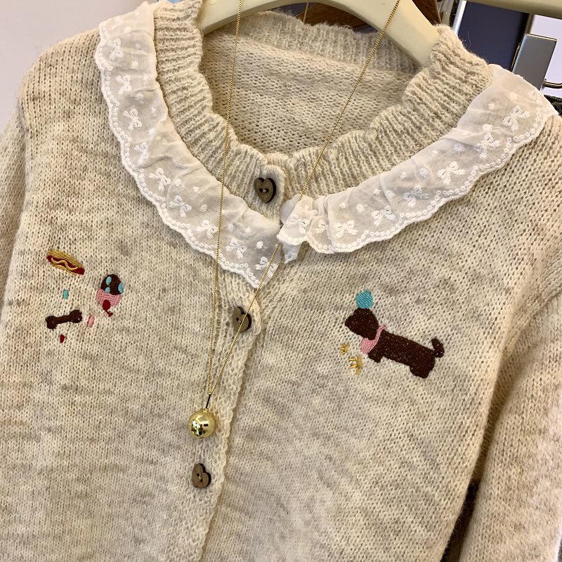 2026 Spring Autumn Korean Puppy Embroidery Lace Trim Women's Knit Cardigan