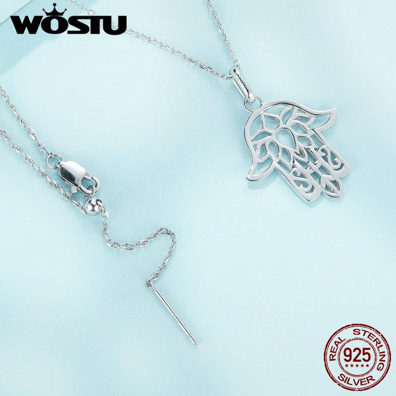 WOSTU 925 Sterling Silver Turkish Hamsa Hand Fatima Charm Necklace For Women Hollow Flower Pendant Chain Neck Lucky Jewelry Gift