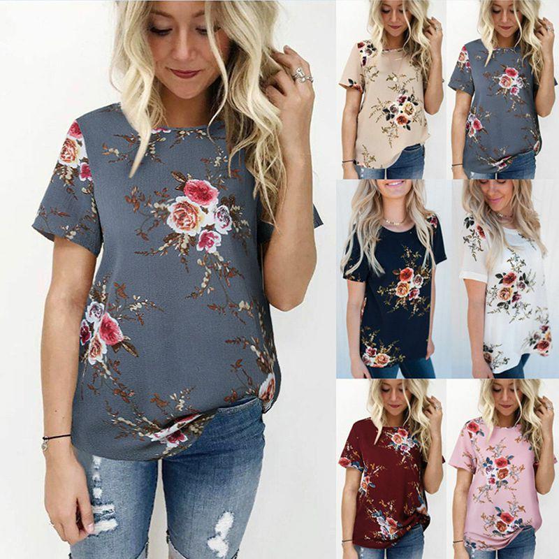 Elegante Sommer Damen Bluse Blumendruck Kurzarm Locker Lässige T-Shirt Tops