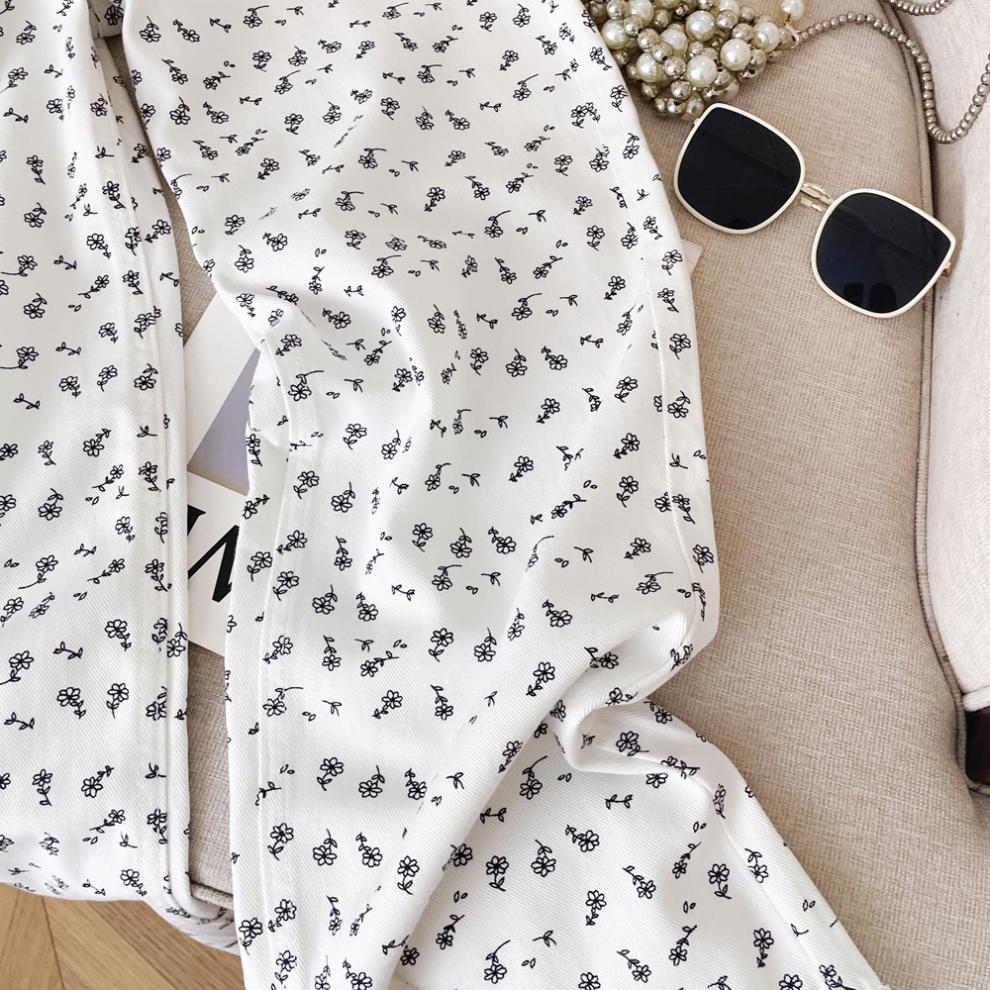 Spring/Summer Korean Style High Waist Floral White Wide-Leg Denim Pants for Women