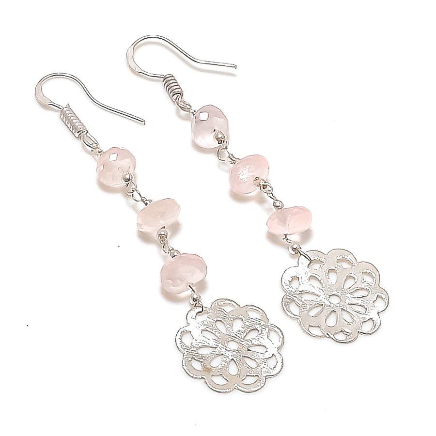 Rose Quartz Gemstone Handmade 925 Sterling Silver Jewelry Earring 2.56" GK-7348
