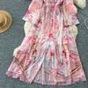 Spring Summer Bohemain Long Dress Women's V-Neck Flare Sleeve Floral Print Single Breasted High Waist A-Line Chiffon Vestidos