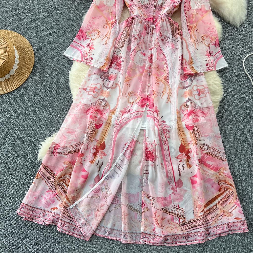 Spring Summer Bohemain Long Dress Women's V-Neck Flare Sleeve Floral Print Single Breasted High Waist A-Line Chiffon Vestidos