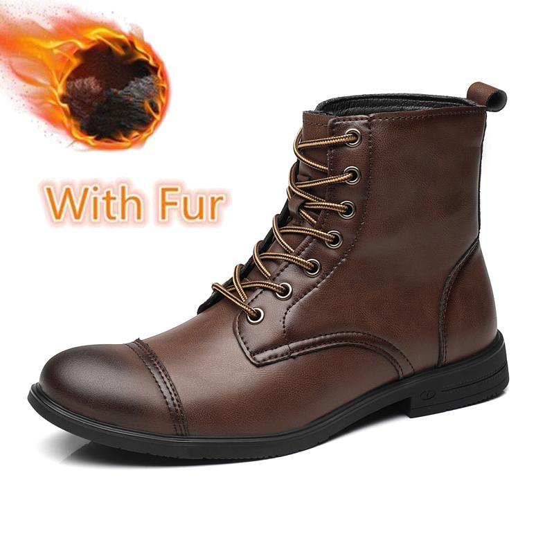High Top Lace Leather Boots for Men Retro Big Size 38-48 Ankle Boots New Designer Male Plush Snow Boots Autumn Winter Warm Shoes