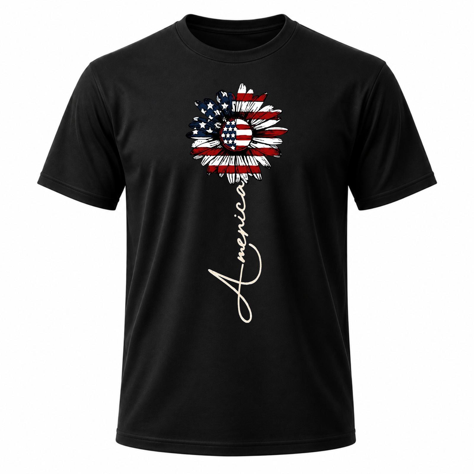 Vintage American Flag Sunflower Black T Shirt XXXL