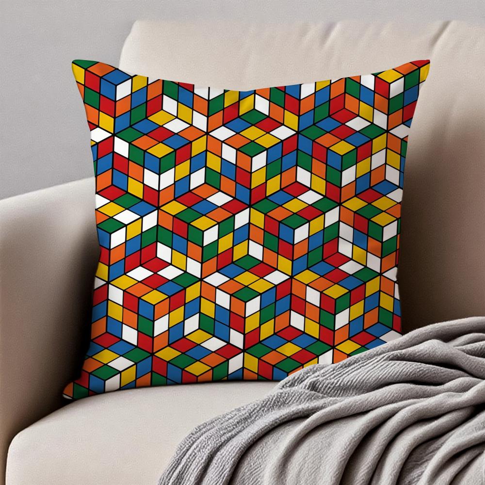 Creative Magic Cube Puzzle Design Art Cushion Cover Pillowcase Antidustmite Invisible Zipper Short Plush Sofa Cushion