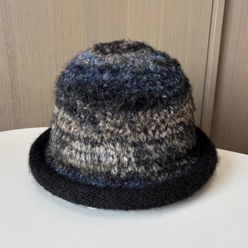 Famous Style Mixed Color Knitted Fluffy Hat Thickened Crimped Bucket Hat Women'S Warm Ear Protection Washbasin Hat