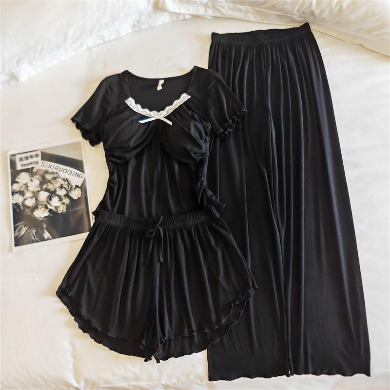 Women's Modal Pajama Set: Summer Short Sleeve & Long Pants with Chest Pad