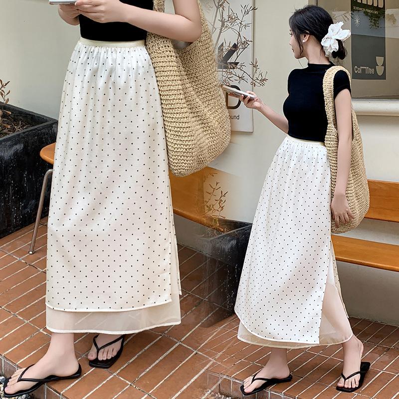 

Summer polka dot acetate satin streamer texture polka dot printing straight skirt women S абрикосовий