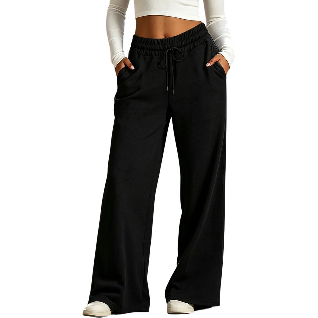 Women's Casual Loose Fit Wide Leg Pants with Drawstring and Pockets for Everyday Wear