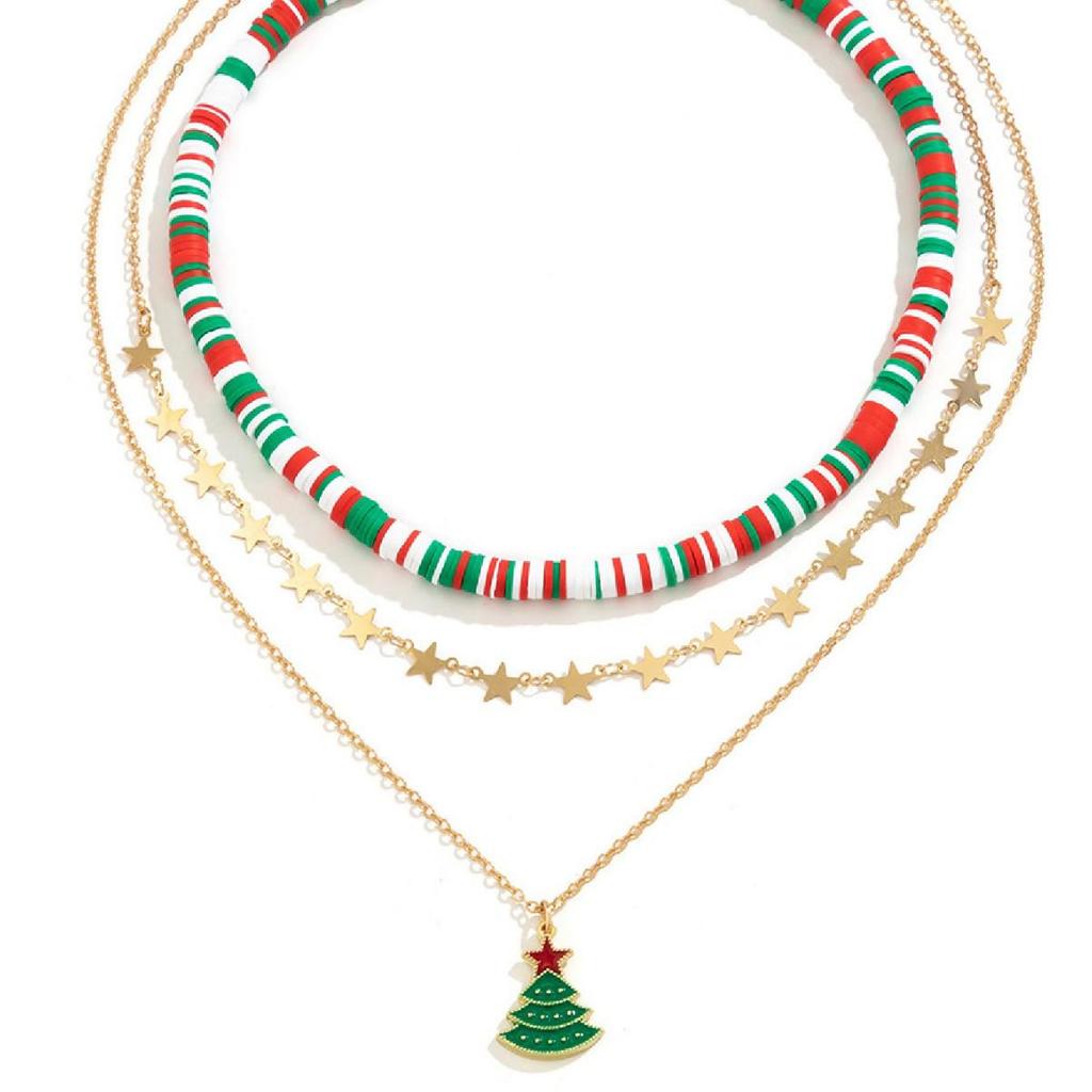 Women's Christmas Tree Cartoon Choker Necklace - Multi-layered Beaded with Drip Oil and Polymer Clay