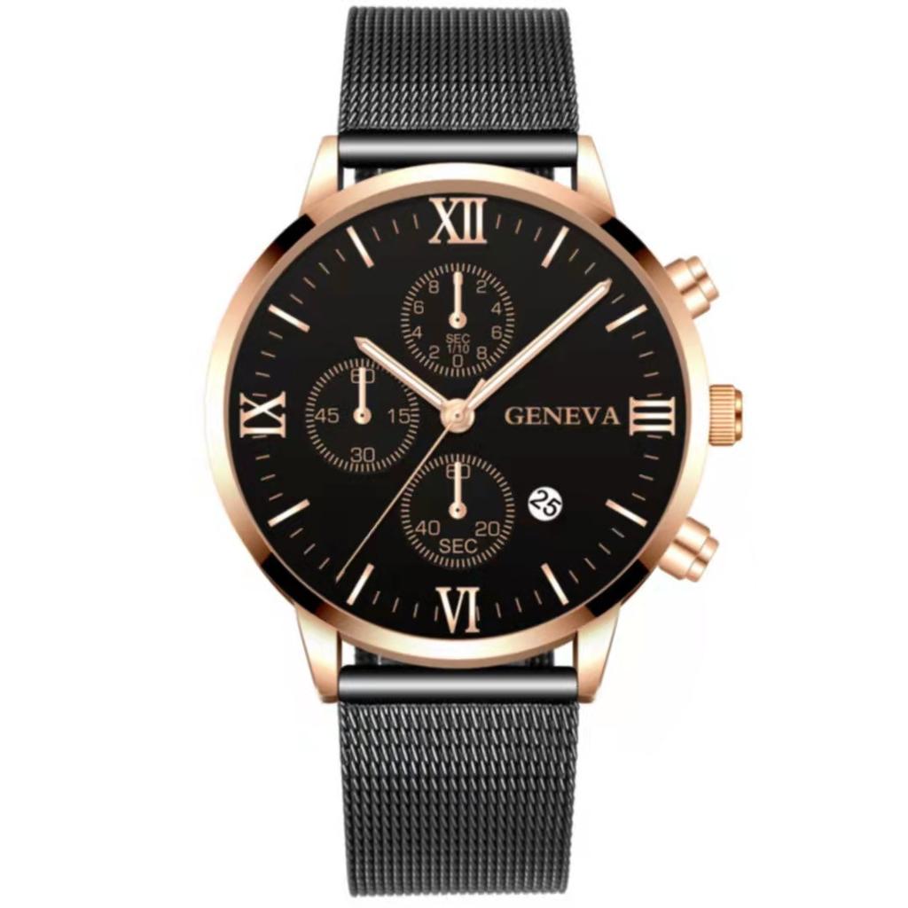 Mesh Belt Men With Calendar, Fake Three-Eye Business Leisure Boys Gift Quartz Watch
