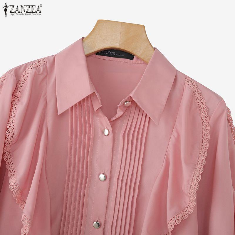 ZANZEA Women Casual Turn Down Collar Loose Ruffles Long Sleeve Blouse