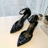 Ladies Shoes Stiletto Sandals for Women Thin Heels Footwear Pointed Toe Summer 2024 Sexy Rhinestones Diamond Crystal Wholesale F