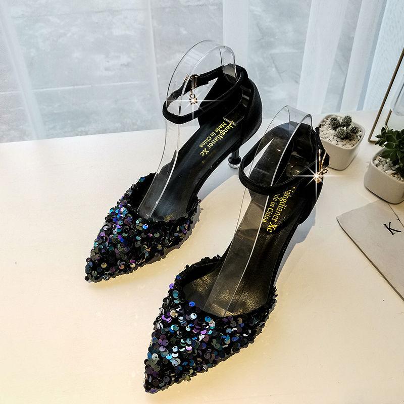 Ladies Shoes Stiletto Sandals for Women Thin Heels Footwear Pointed Toe Summer 2024 Sexy Rhinestones Diamond Crystal Wholesale F
