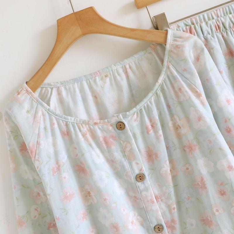 2026 Spring and Autumn New Pajama Set 100% Cotton Gauze Long Sleeve Long Pants Two Piece Sweet Style Home Clothing Set