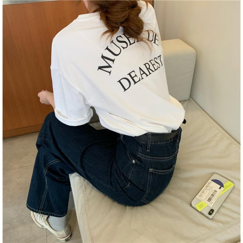 New Korean Version Simple Back Letter Printed Short-sleeved T-shirt for Women's Loose Round Neck Inner Bottom Shirt Top